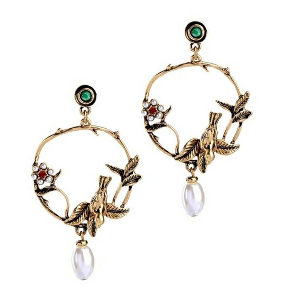 Woodland Bird Green Crystal Hoop Earrings